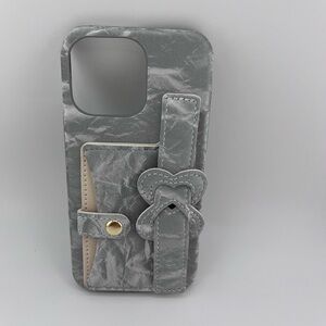 iPhone 16 Pro Max Case/Silver Gray Crinkle Texture with Bow Strap/Elegant